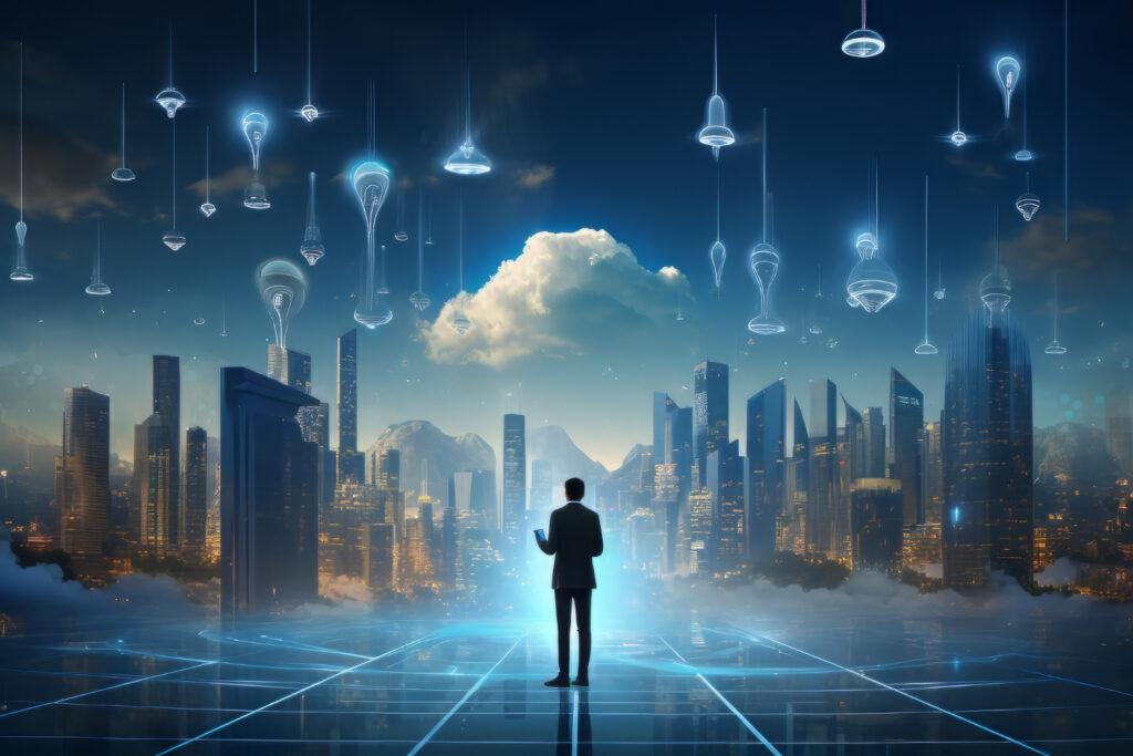 A modern technology concept featuring artificial intelligence, 5G network icons, cloud computing, and smart digital devices.